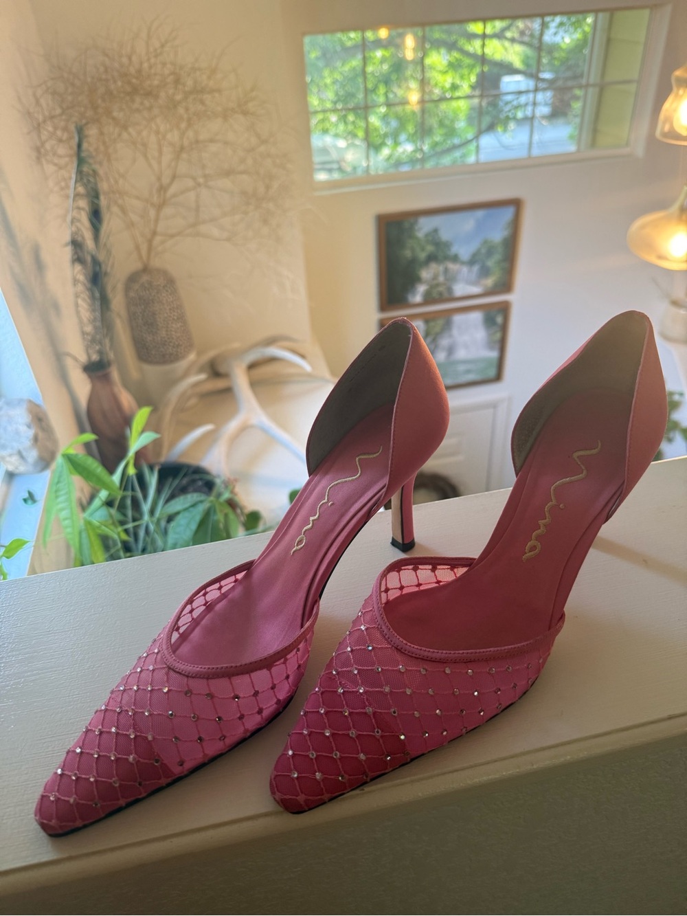 Nina Pink Mesh D'Orsay Crystal-Embellished Heels